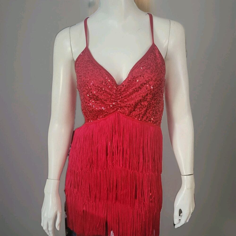 Weissman Womans Red Tassle Salsa Dance Romper Shorts Sequin Satin Sz. L